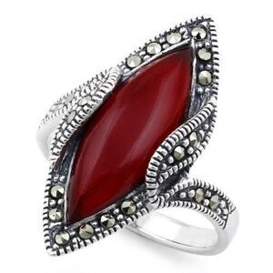 Sterling Silver Red Agate Marquise Marcasite Ring New